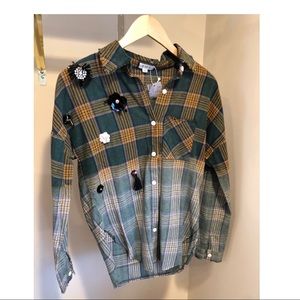 Embellished Green Ombré Cotton Plaid Button Down